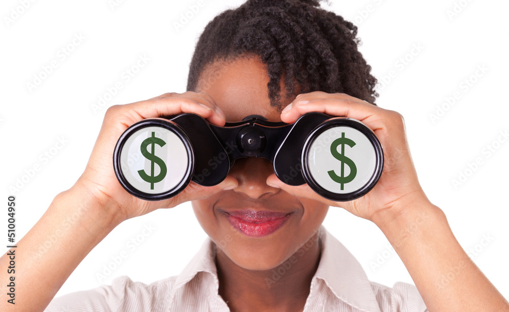 Young black / african american business woman using binoculars Young black / african american business woman using binoculars