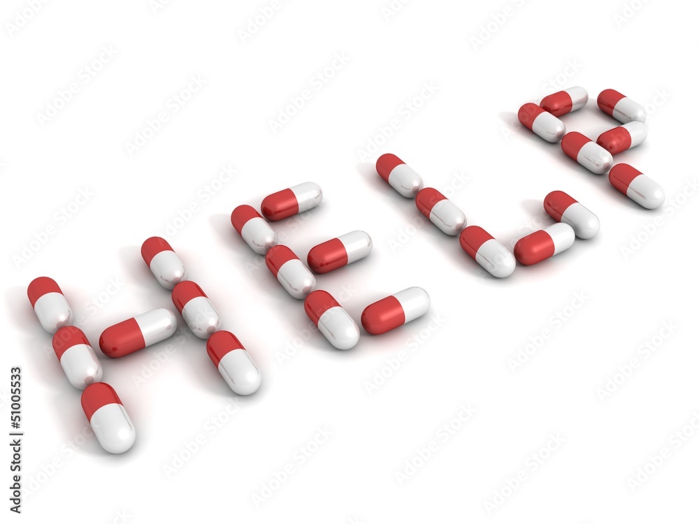 red medical capsules pills concept HELP word