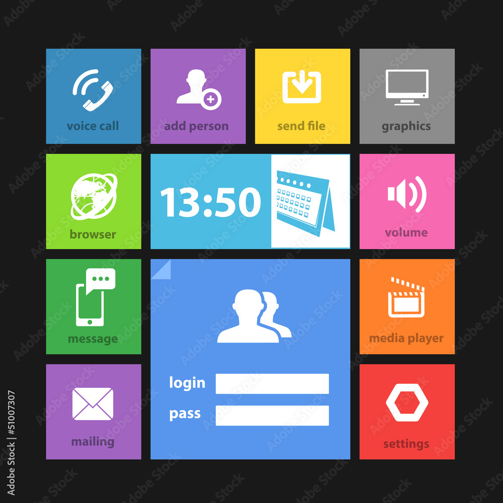 Web color tile interface template with modern icons Web color tile interface template with modern icons