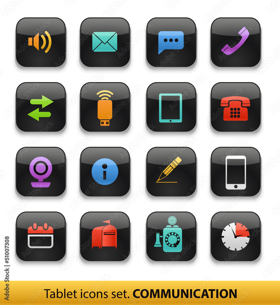Communication. Tablet buttons collection isolated on white Communication. Tablet buttons collection isolated on white