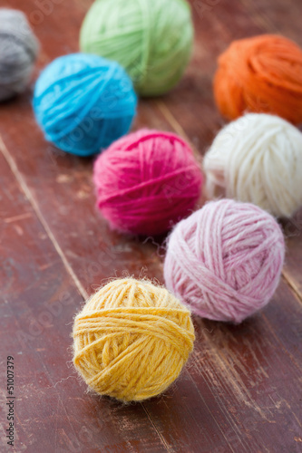 Colorful balls of woolen yarn