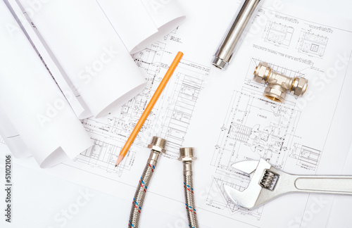 plumbing and drawings, construction still life