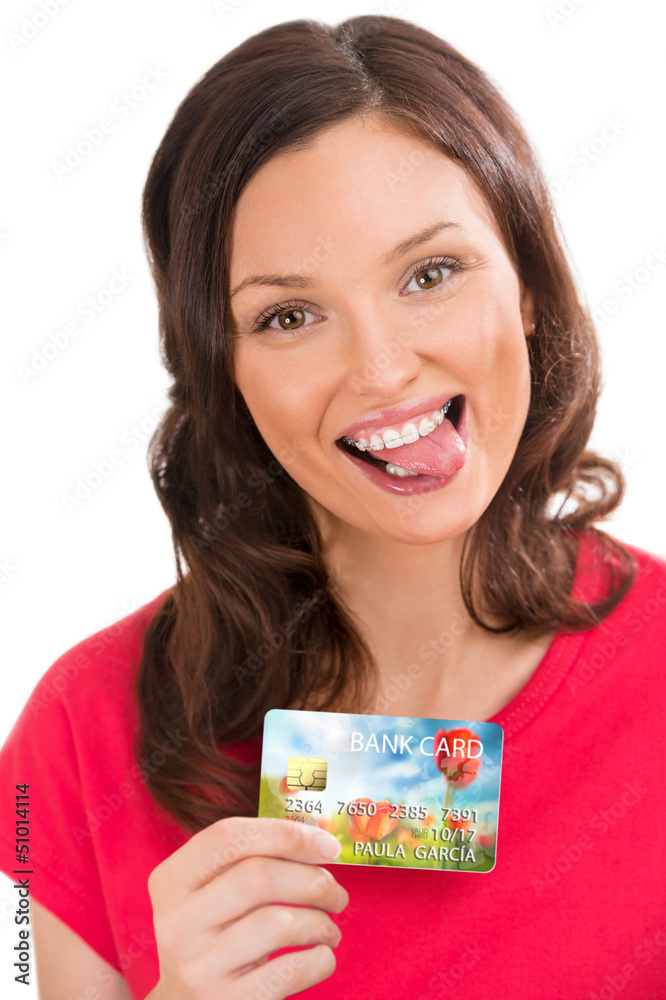 Extremely positive woman holding bank plastic credit or debit ca Extremely positive woman holding bank plastic credit or debit ca