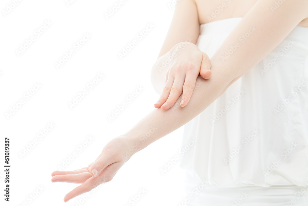Beautiful young woman hands on white background Beautiful young woman hands on white background