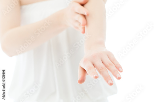Beautiful young woman hands on white background