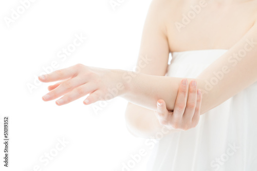 Beautiful young woman hands on white background © one