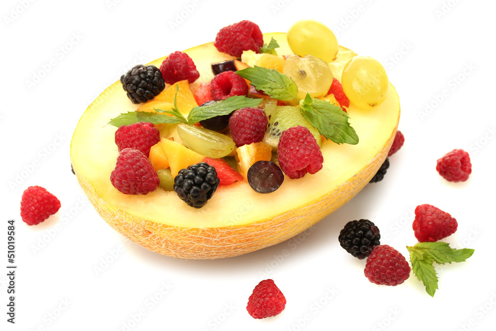 fresh fruits salad in melon and berries, isolated on white fresh fruits salad in melon and berries, isolated on white