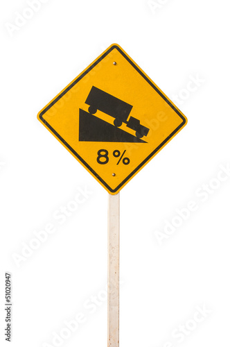Yellow street signs warning of dangerous slopes.