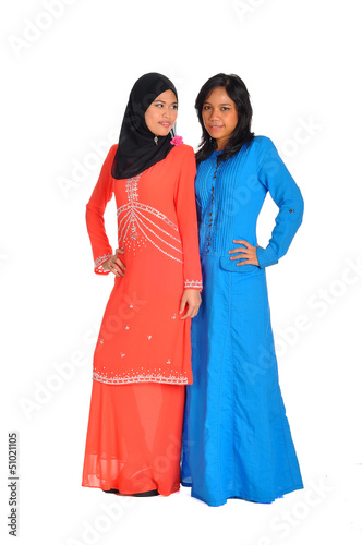 Pretty muslim woman model in action, on white background