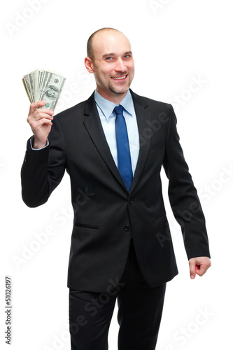 Portrait of a businessman money, isolated on white