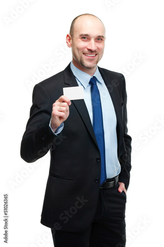 business man show card and smile on white background