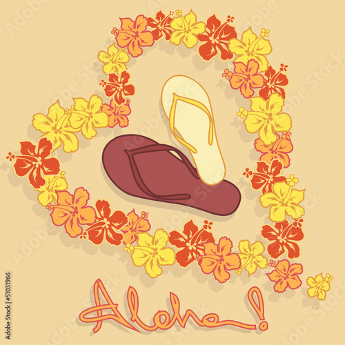 Illustration of Hawaiian flower garland and flip flops