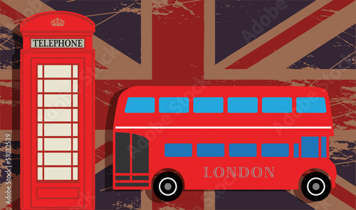 Phone booth and red bus on UK flag, vector illustration