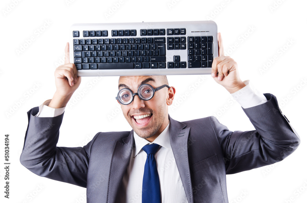 Nerd businessman with computer keyboard on white