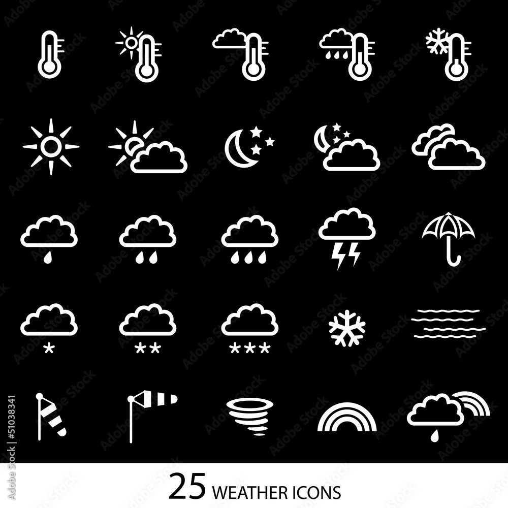 White weather icons with black background. Set of 25 icons. White weather icons with black background. Set of 25 icons.