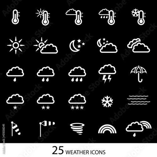 White weather icons with black background. Set of 25 icons.