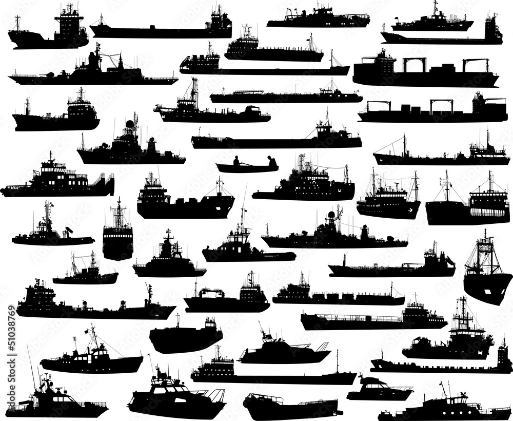 Set of 45 silhouettes of sea towboat, battleship and ships