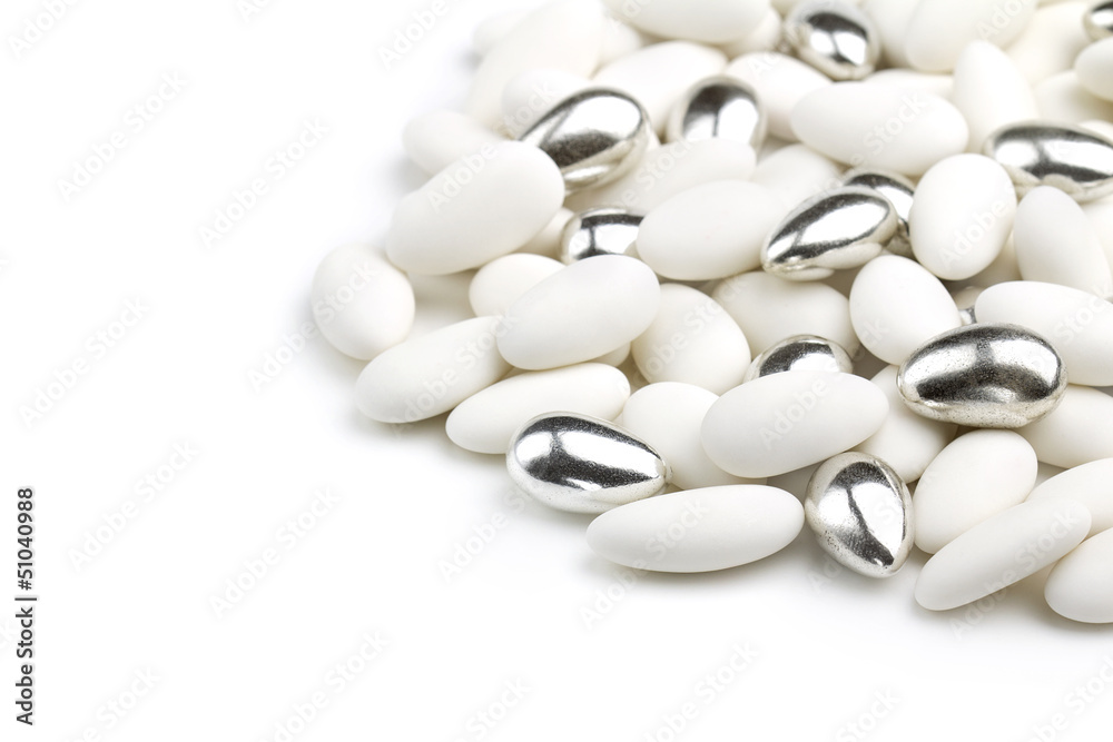 white and silver sugared almonds