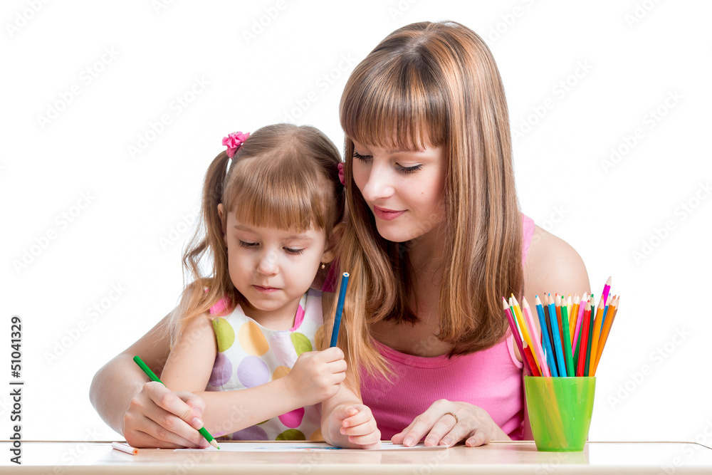 mother and her child girl pencil together mother and her child girl pencil together