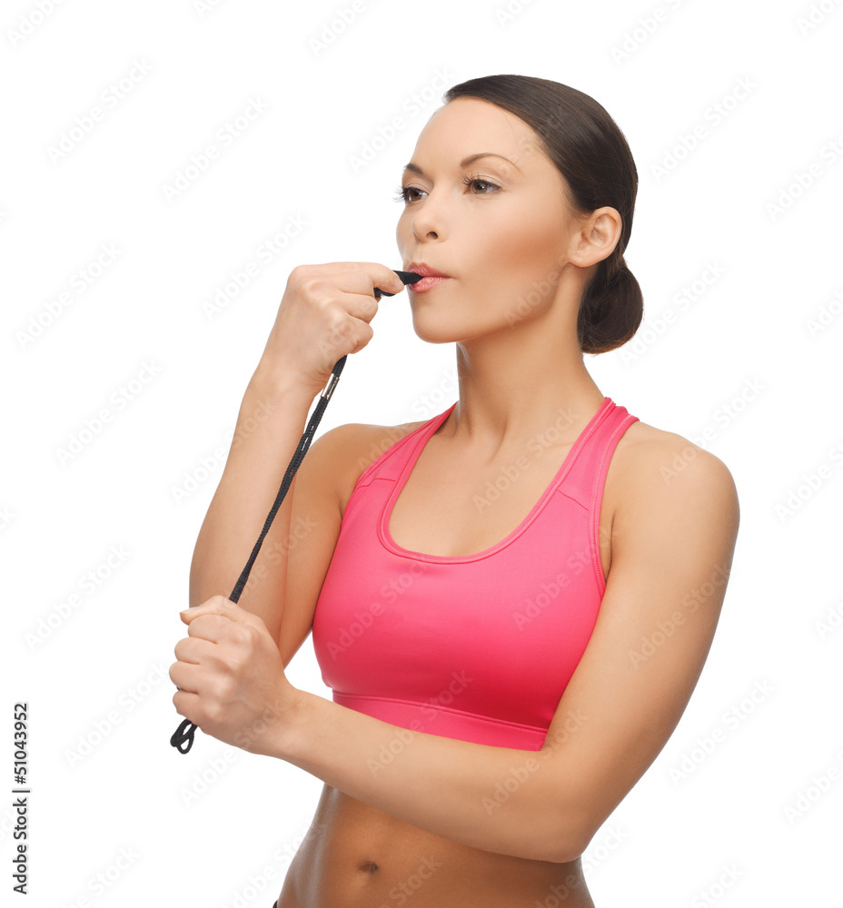 woman with whistle looking at something woman with whistle looking at something