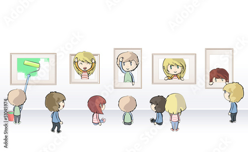 Group of kids watching frames in museum. Vector illustration.