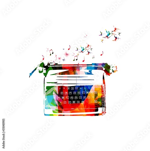 Colorful vector typing machine background with hummingbirds