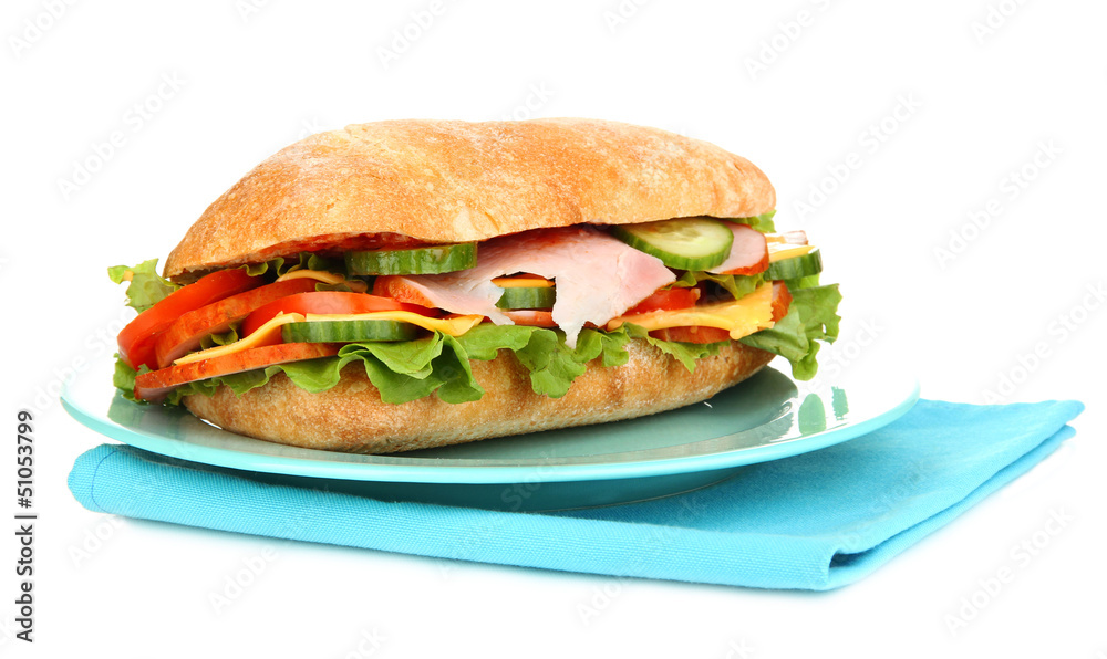 Fresh and tasty sandwich with ham and vegetables isolated Fresh and tasty sandwich with ham and vegetables isolated