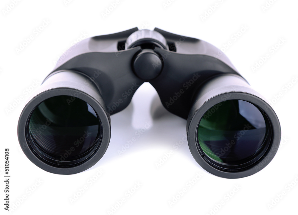 Black modern binoculars isolated on white