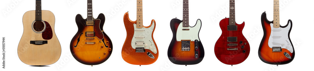 Fototapeta premium Group of six guitars on white background