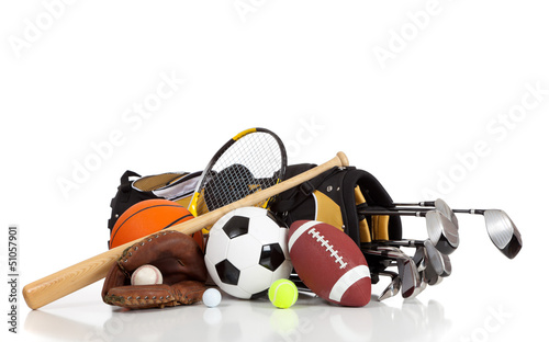 Assorted sports equipment on a white background