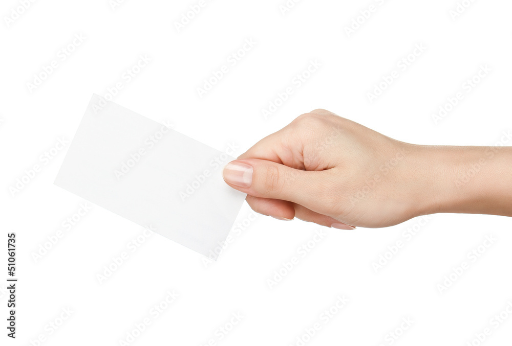 Female holding blank business card with copy space Female holding blank business card with copy space