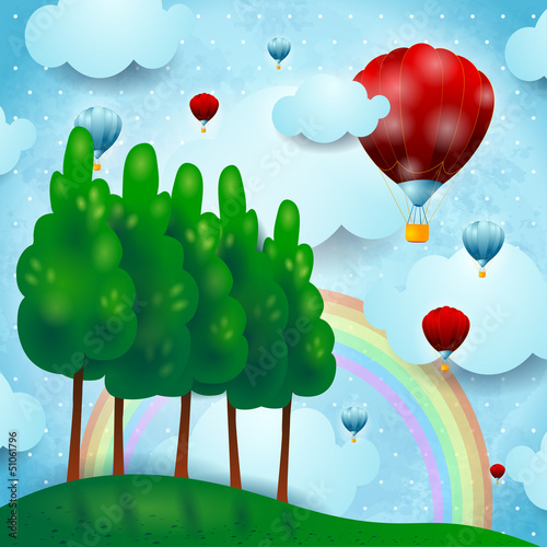 Countryside with balloons, fantasy illustration