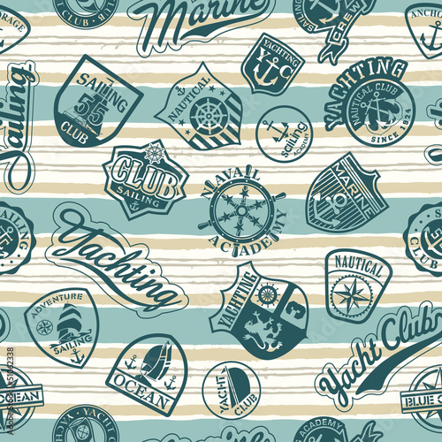 Nautical badges on a striped wallpaper - Vector seamless pattern