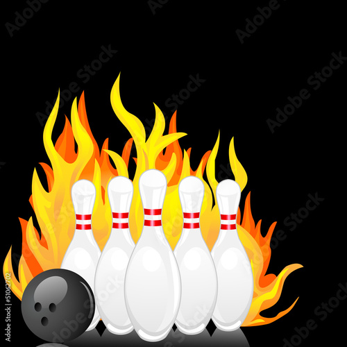 vector illustration of bowling pin with ball with fire