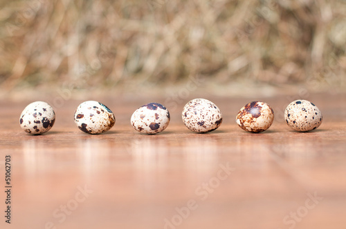 Quail eggs on the background of boards.