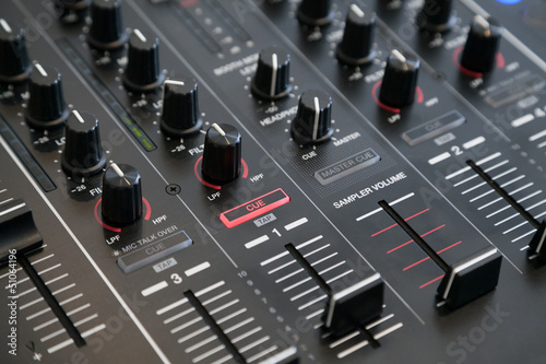 Closeup of audio mixer with selective focus