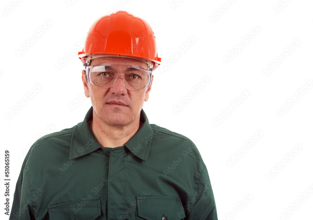 portrait of a workman in overalls and helmet isolated on white b portrait of a workman in overalls and helmet isolated on white b