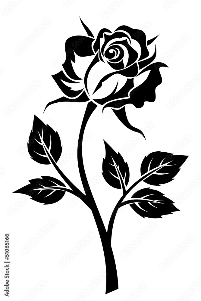 Black silhouette of rose with stem. Vector illustration. - obrazy, fototapety, plakaty 