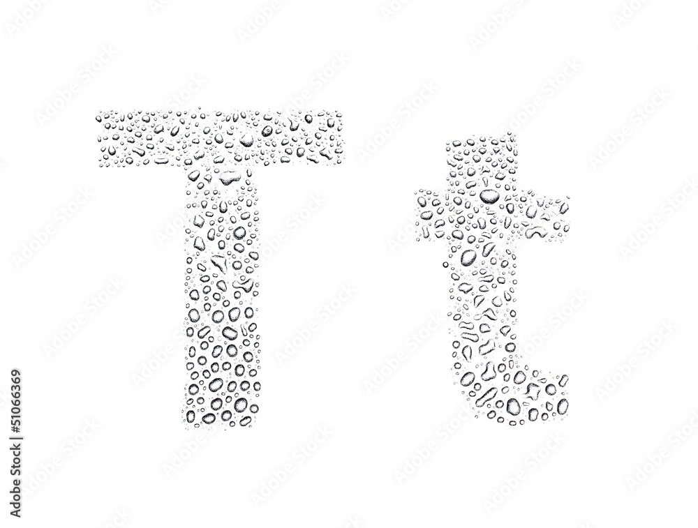Water drops alphabet letter t, isolated white