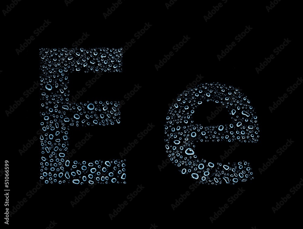 Water drops alphabet letter e, isolated black