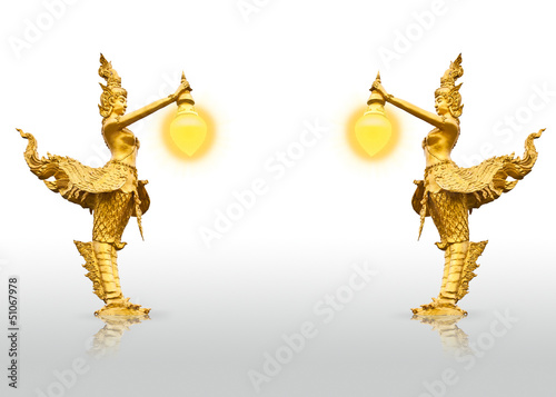 Golden kinnaree statue, Two half-bird half-woman, who is holding