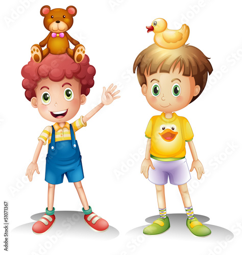 Two boys with their toys above their heads