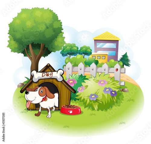 A doghouse with a dog inside a fence