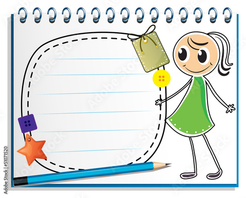 A notebook with a sketch of a girl with a green dress