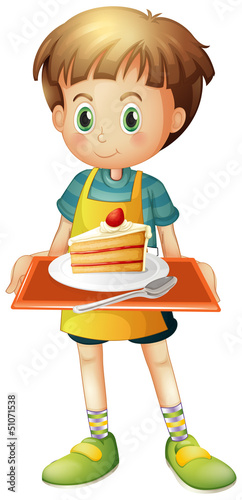 A boy holding a tray with a slice of cake in a plate