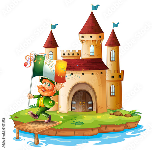 A castle with a man holding the flag of Ireland