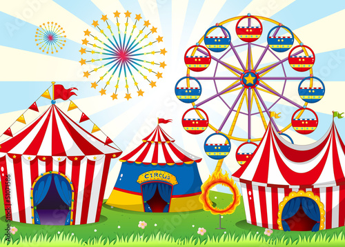 A carnival with stripe tents