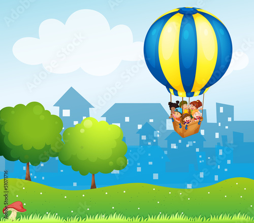 A big hot air balloon with kids