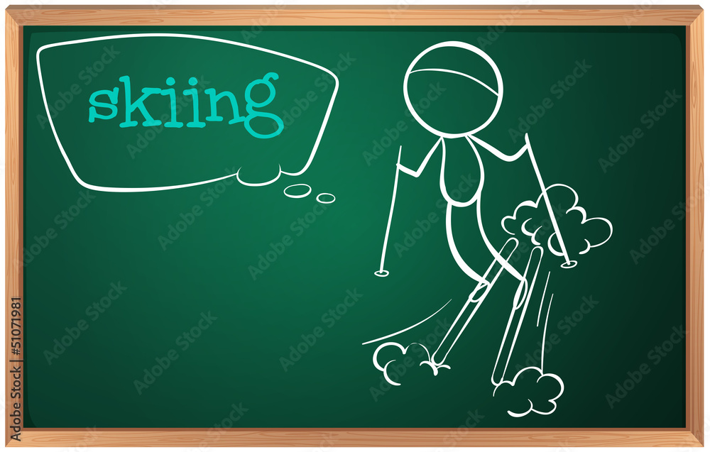 A board with a sketch of a person skiing A board with a sketch of a person skiing