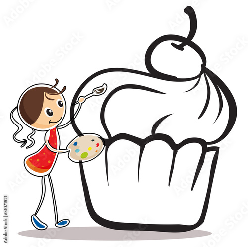 A girl painting the cupcake